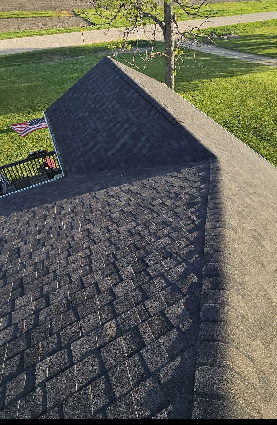Hip and ridge detail on a new CertainTeed Landmark Pro roof in Long Grove, Iowa, installed by Mitten